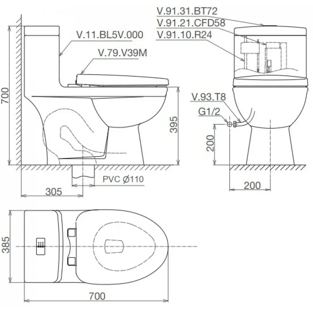 Bản vẽ Bồn cầu 1 khối Viglacera BL5