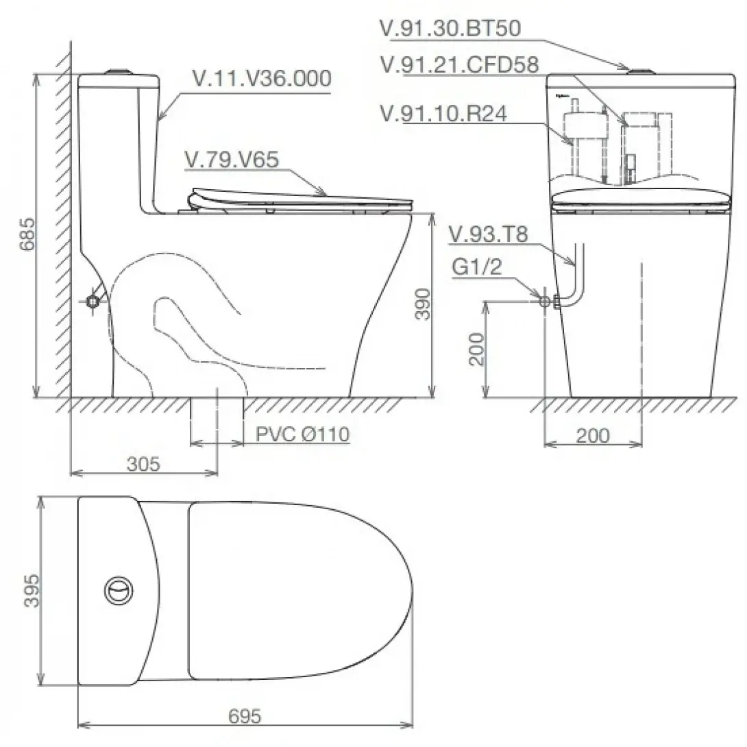 Bồn Cầu liền khối Viglacera V36 Nắp Êm tặng Vòi Xịt VG826 | Bồn cầu Viglacera Chính hãng Bản vẽ Bồn Cầu Viglacera V36 Nắp Êm