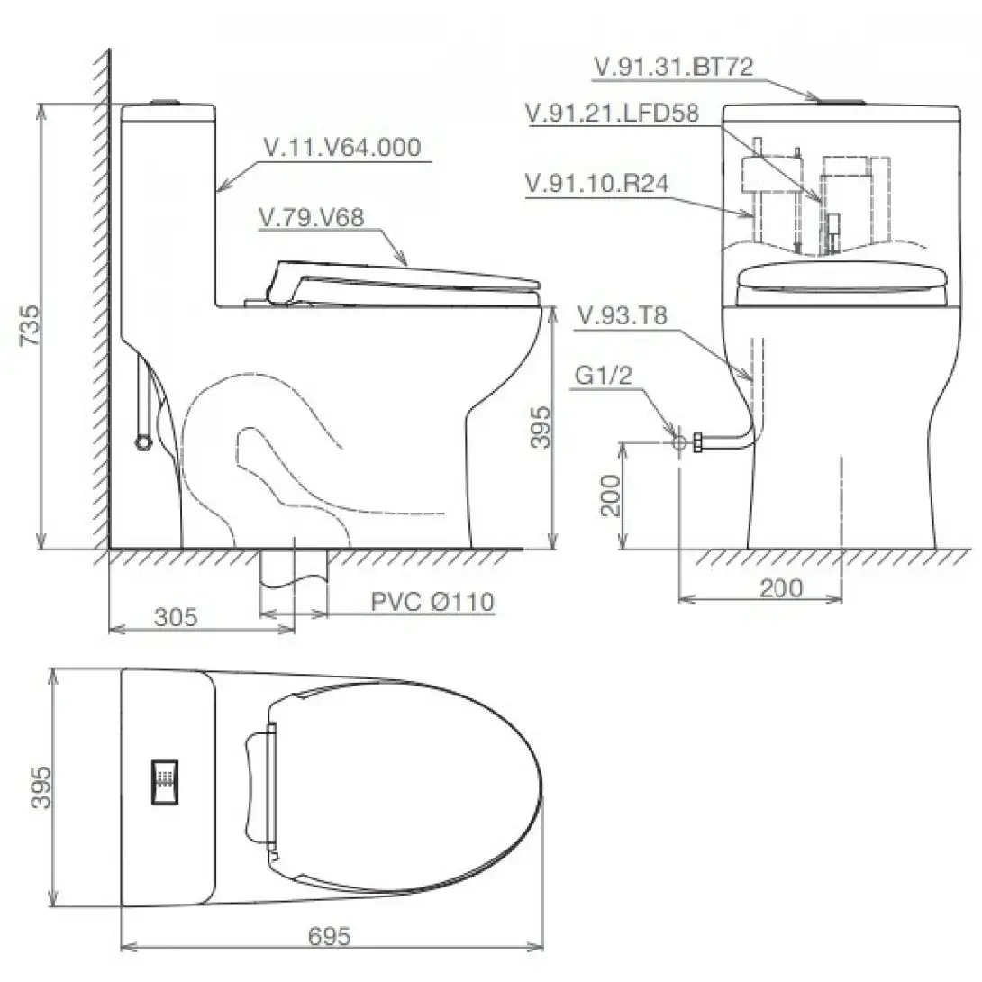 Bồn cầu liền khối Viglacera V68 Nắp Êm tặng Vòi Xịt VG826 Bản vẽ bệ xí bệt V68 Viglacera 1 khối