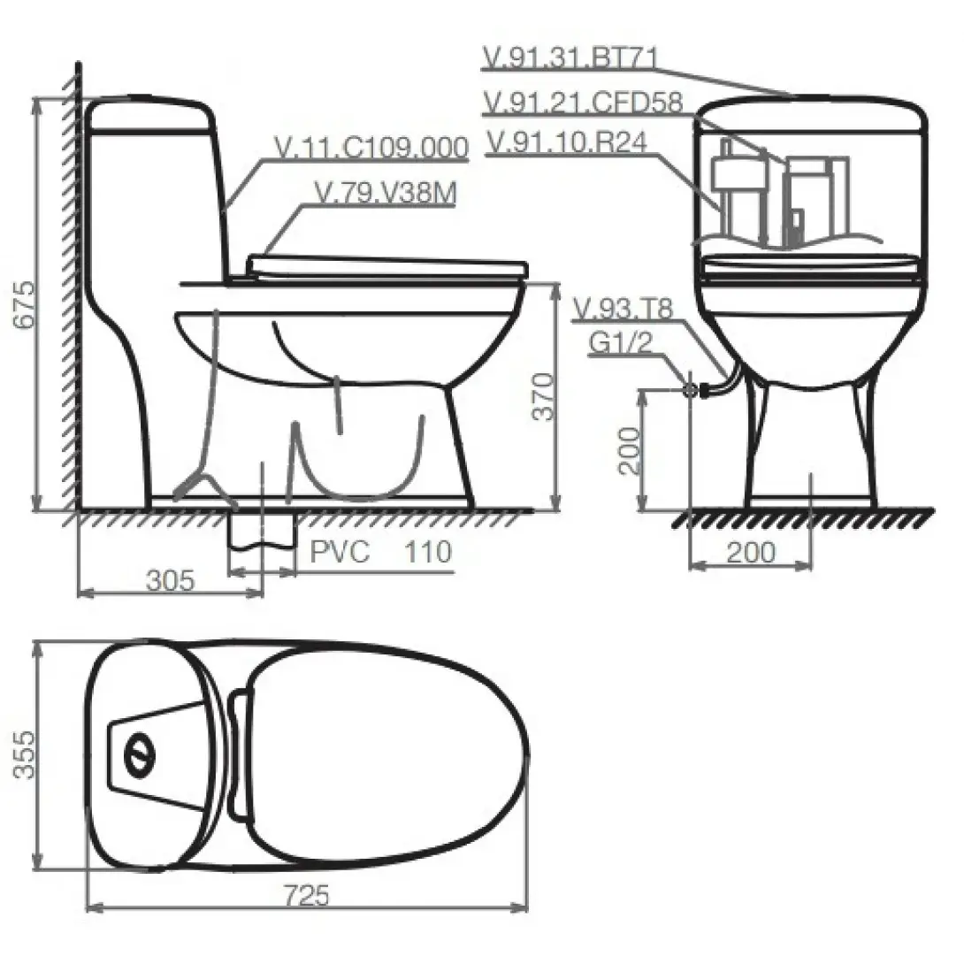 Bồn Cầu liền khối Viglacera V38 Nắp Êm V38M tặng Vòi Xịt VG826 Bản vẽ bệ xí bệt Viglacera V38+VG826 liền khối