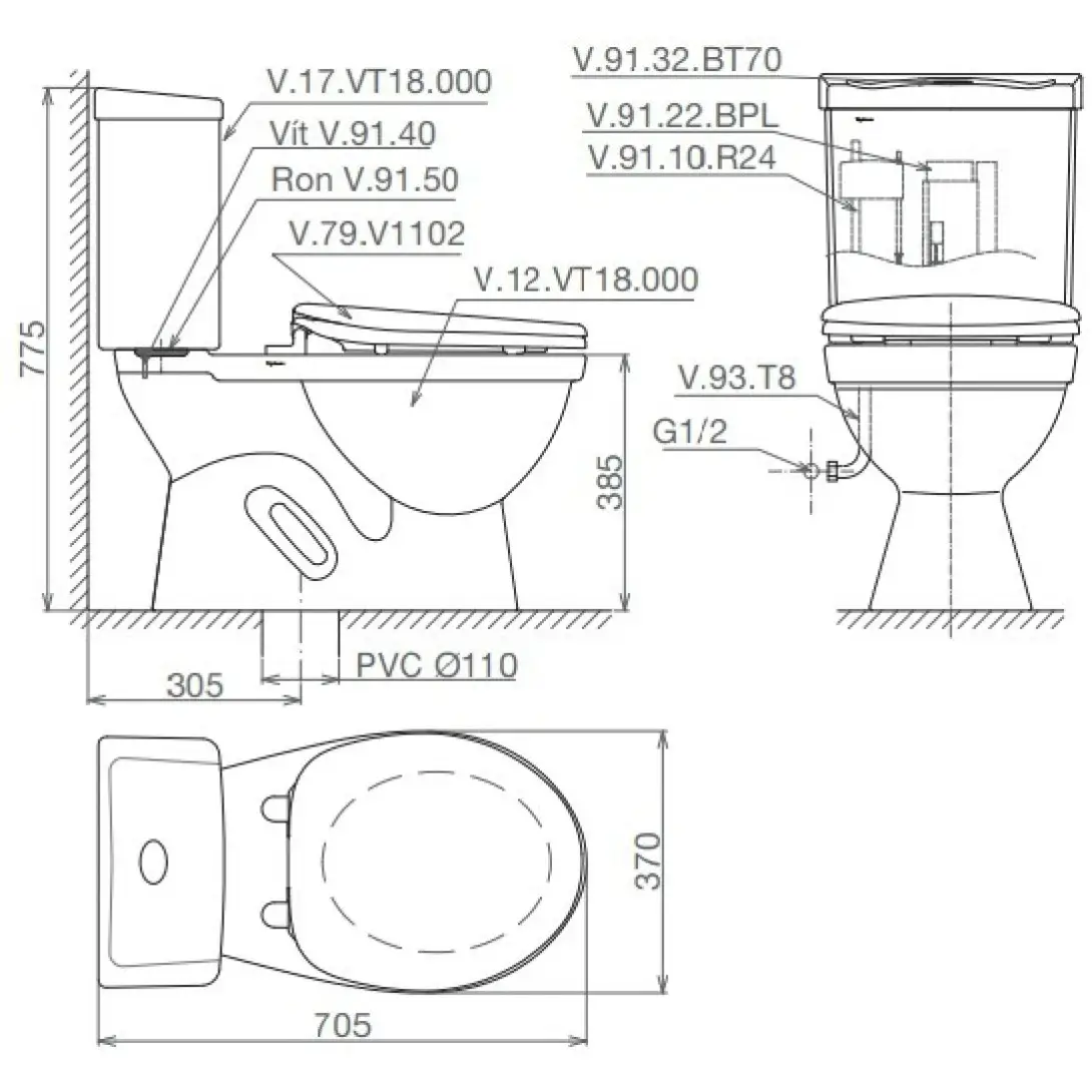 Bồn Cầu két rời Viglacera VT18M Nắp Êm Bồn Cầu Két Rời Viglacera VT18M