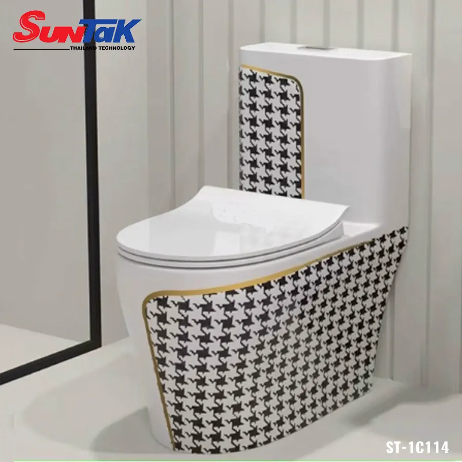 Bồn Cầu 1 Khối Trắng Họa Tiết Sang Trọng ST-BC646 Tặng Sịt và T Cầu Inox 304