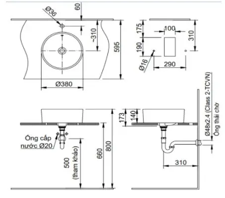 Chậu Lavabo Inax AL-295V (AL295V) Đặt Bàn Tròn Aqua Ceramic Bản vẽ kỹ thuật Chậu Lavabo Inax L-295V / AL295V