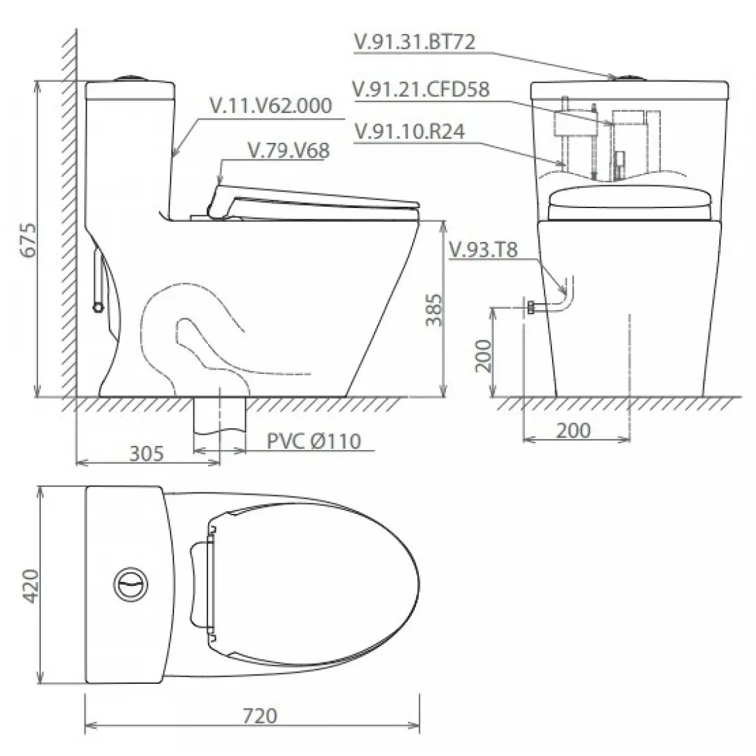 Bản vẽ kích thước bệ xí bệt Viglacera V62 1 khối