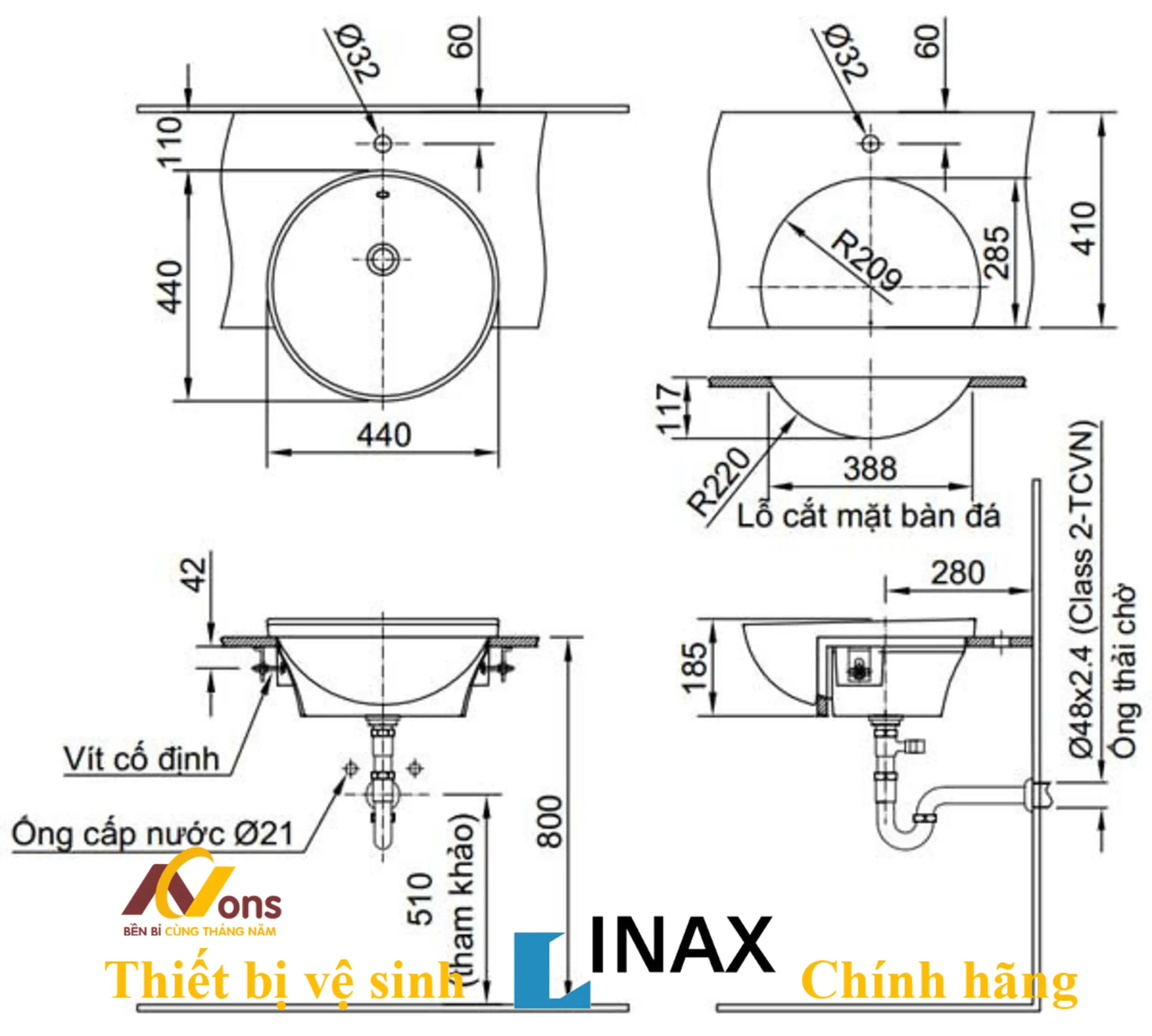 Chậu Lavabo Inax AL-333V (AL333V) Đặt Bàn | Lavabo Inax chính hãng Bản vẽ bồn rửa mặt lavabo INAX AL-333V (AL333V)