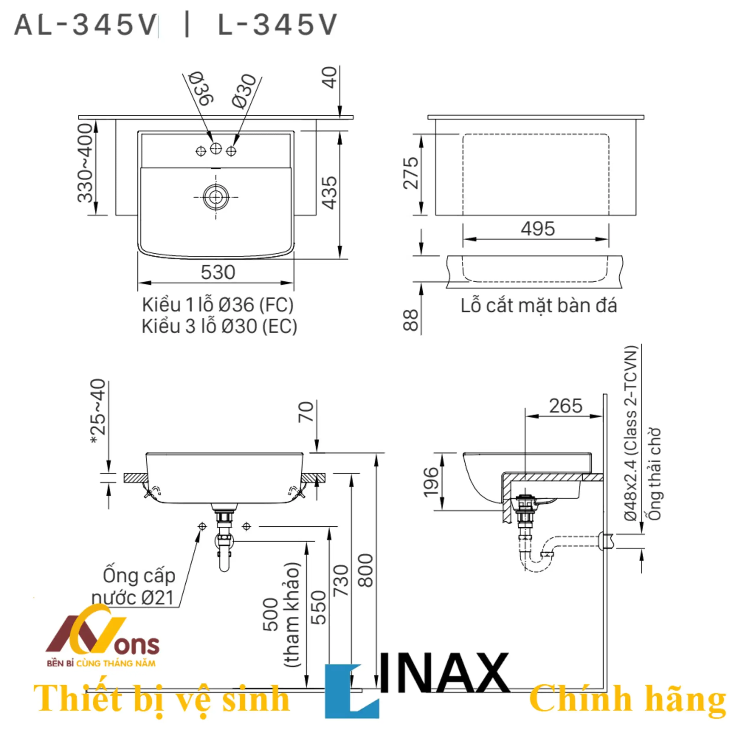 Bản vẽ bồn rửa mặt lavabo INAX L295V
