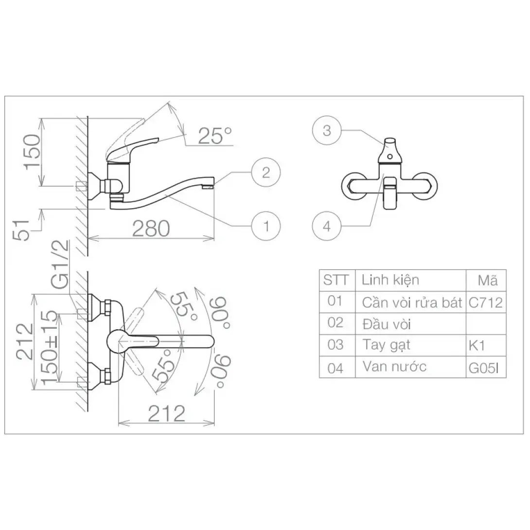 Bản vẽ kỹ thuật vòi rửa bát Viglacera VG714 nóng lạnh