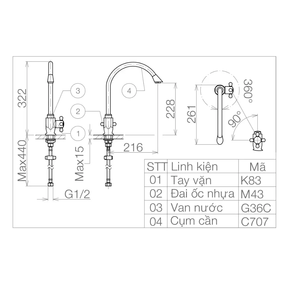 Vòi Bếp Viglacera VG707 Lạnh – Vòi rửa chén Viglacera chính hãng· Bản vẽ kỹ thuật vòi rửa bát Viglacera VG707 lạnh