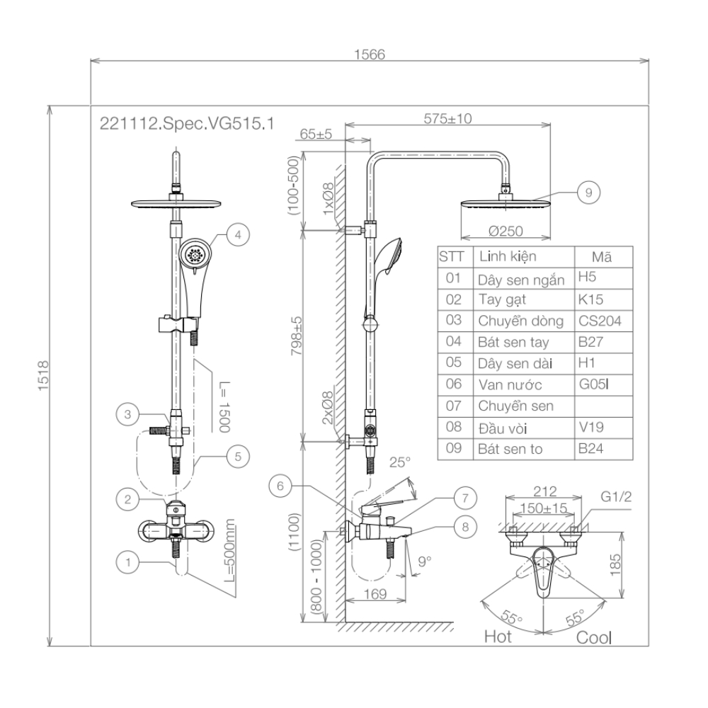 Vòi Sen Cây Viglacera VG515.1 Nóng Lạnh | Sen tắm VG515.1 chính hãng voi sen cay viglacera vg515 1 5