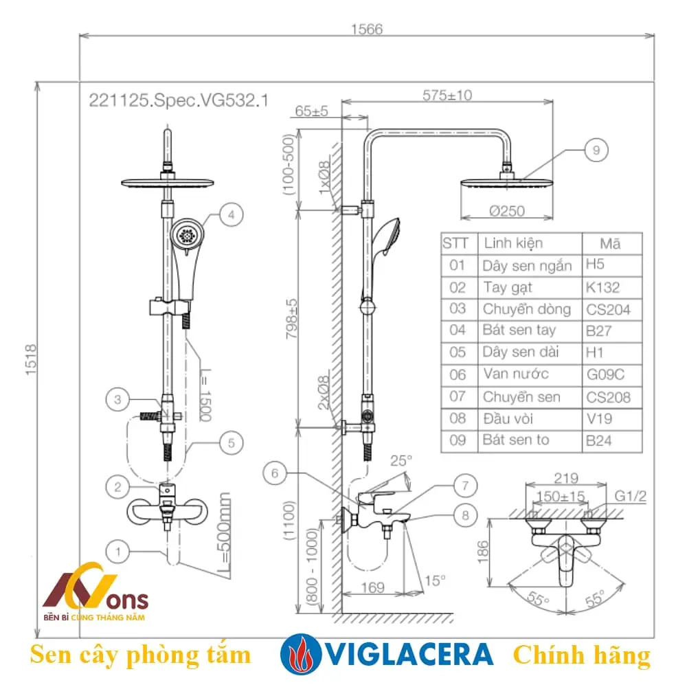 Vòi Sen cây Viglacera VG532.1 Nóng Lạnh | Sen Tắm Viglacera chính hãng Bản Vẽ Kỹ Thuật Sen Cây Viglacera VG532.1