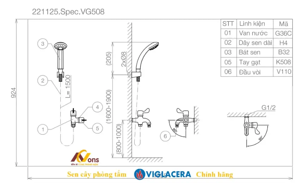 Vòi Sen Viglacera VG508 Lạnh | Sen Tắm Viglacera chính hãng Bản Vẽ Kỹ Thuật Vòi Sen Viglacera VG508