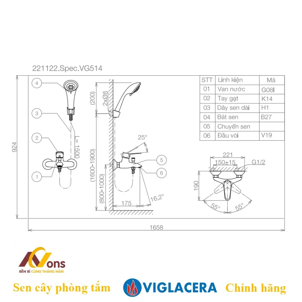 Bản Vẽ Kỹ Thuật Vòi Sen Viglacera VG514