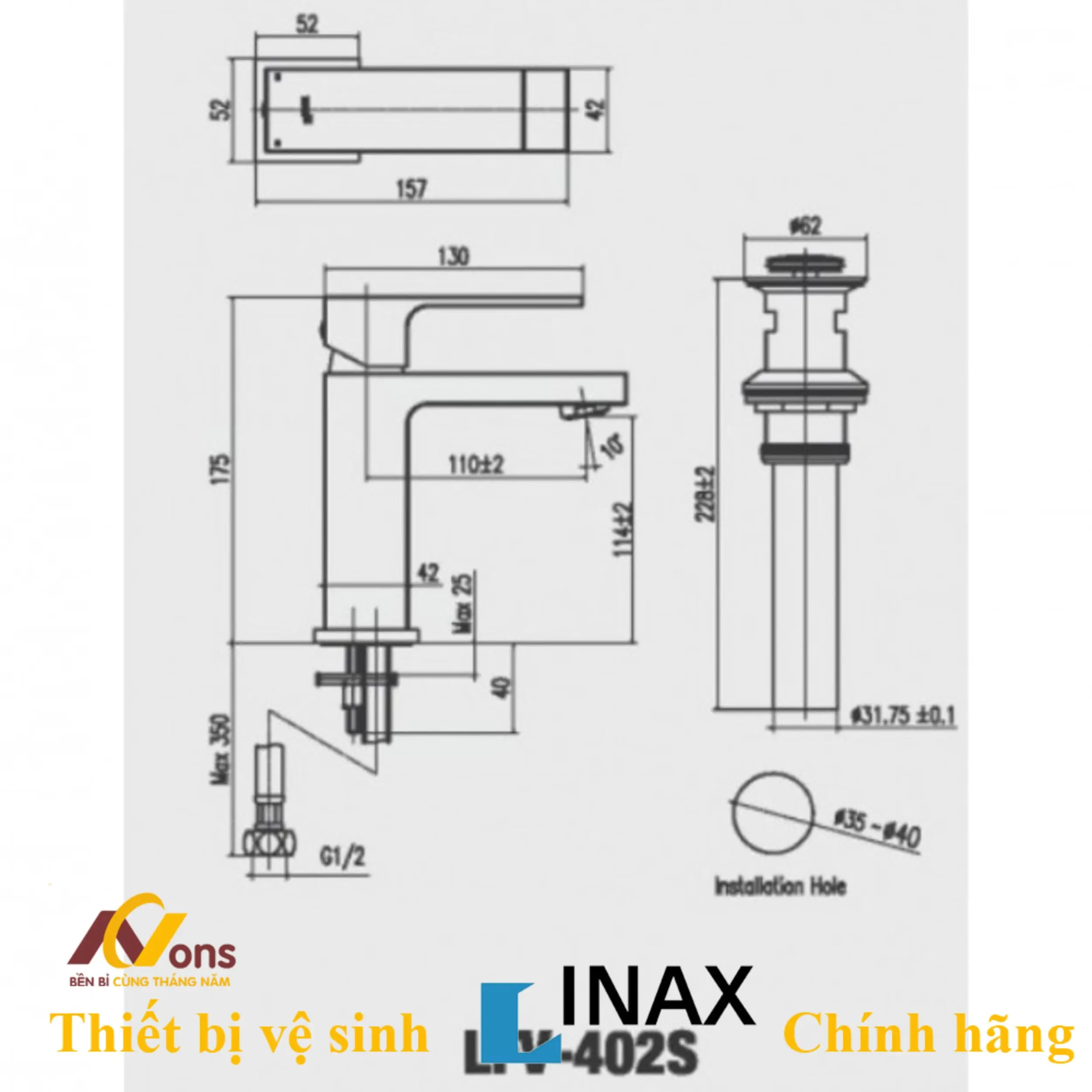 Bản vẽ kỹ thuật vòi Lavabo INAX LFV-402S